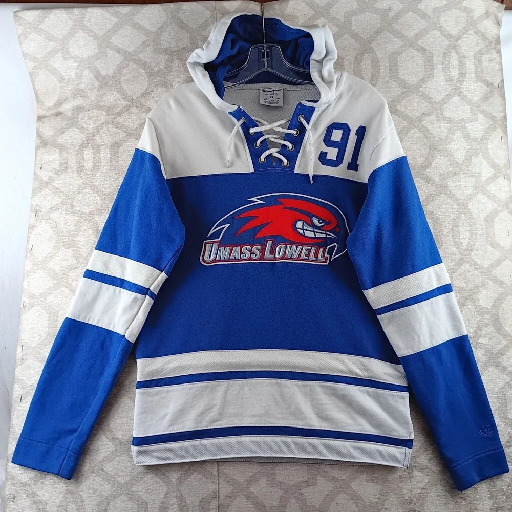 Champion UMASS Lowell River Hawks‎ Hockey Jersey Mens Extra Small Hooded Blue